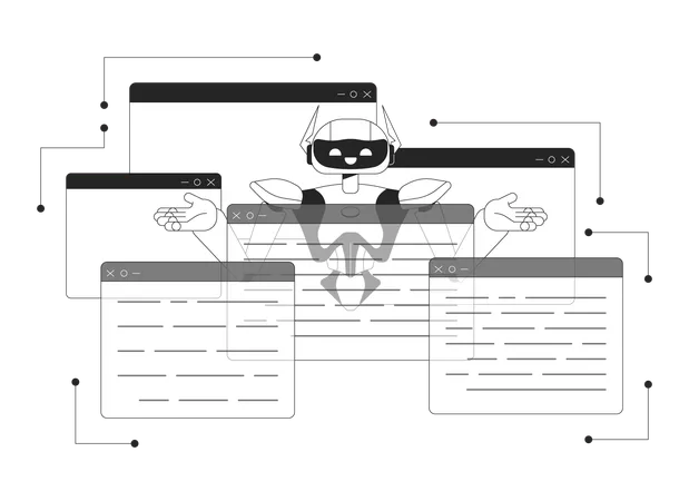 AI Decision Management Black And White 2 D Illustration Concept Cognitive Computing Machine Learning Cartoon Outline Character Isolated On White Software Application Metaphor Monochrome Vector Art Illustration