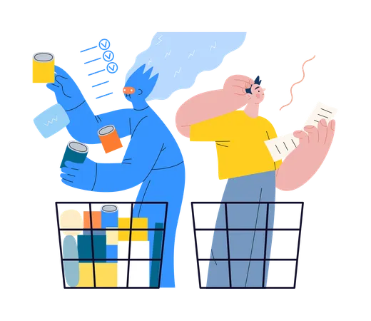 Artificial Intelligence Shopping Modern Flat Vector Concept Illustration Of AI Effectively Choosing Groceries And Man Having Difficultiy Metaphor Of AI Advantage Superiority And Dominance Concept Illustration