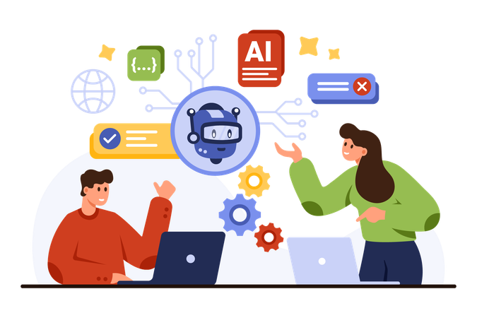 AI Engineers Teamwork with Robot Technology  Illustration