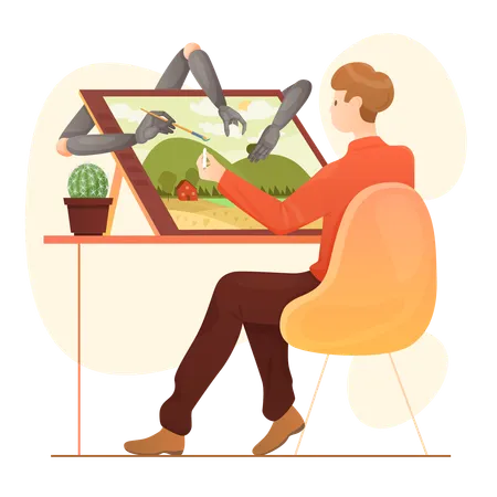 Automation Of Artwork Creation AI Generated Art Vector Illustration Cartoon Artist Character Sitting At Table To Draw Creative Artistic Drawing On Tablet Together With Help Of Smart Robot Assistants Illustration