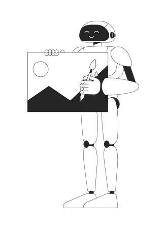 Humanoid Robot With Painting Monochromatic Flat Vector Character Linear Hand Drawn Sketch Editable Full Body Machine Simple Black And White Spot Illustration For Web Graphic Design And Animation Illustration