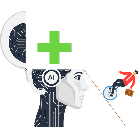 AI in business  showing robot head with plus symbol and businessman balancing on tightrope  Illustration