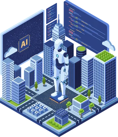 Ciudad Inteligente Isometrica Impulsada Por Inteligencia Artificial Ai Inteligencia Artificial Ai Y Robotica En El Concepto De Ciudad Inteligente Ilustración
