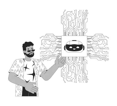 AI Optimized Hardware Black And White 2 D Illustration Concept Intelligence Artificial Chip With Black Man Cartoon Outline Character Isolated On White Microchip Circuit Metaphor Monochrome Vector Art Illustration