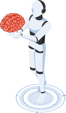 Robô Ai segurando o cérebro humano  Ilustração