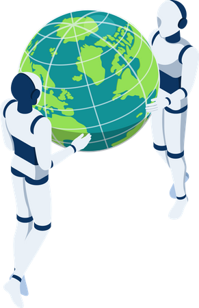 Robô Ai segurando o planeta Terra nas mãos  Ilustração