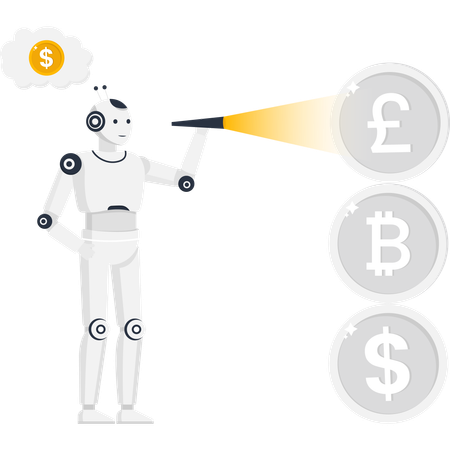 AI robot analyzing cryptocurrency and fiat money with a scanner for fintech investment and profit  Illustration