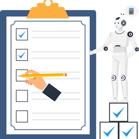 AI robot and human hand completing a business checklist for task management and auditing  Illustration