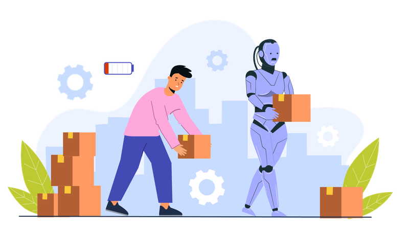 Ai robot and man working together at logistic store  Illustration