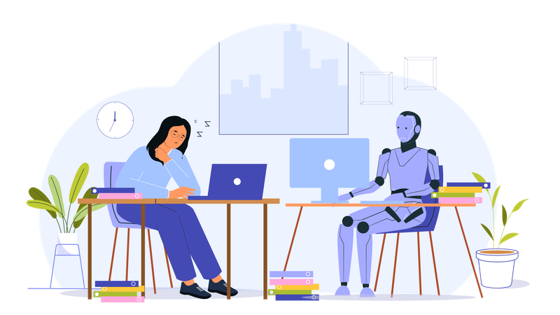 Ai robot and woman working together at office  Illustration