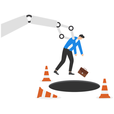 AI robot arm push businessman falling down  Illustration