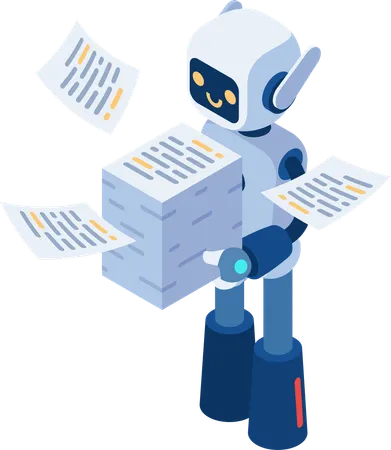 Flat 3 D Isometric Ai Robot Carrying Stack Of Paperwork AI Artificial Intelligence Take Over Human Job And File Management Concept Illustration