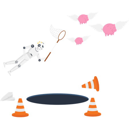 AI robot chasing flying piggy banks with a net over a hole symbolizing financial risk and technology error  Illustration