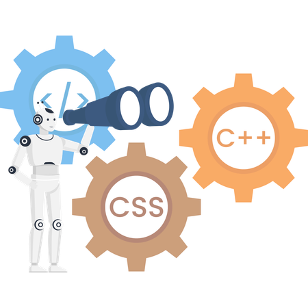 AI robot developer with binoculars analyzing programming languages and code symbols on cogs Illustration