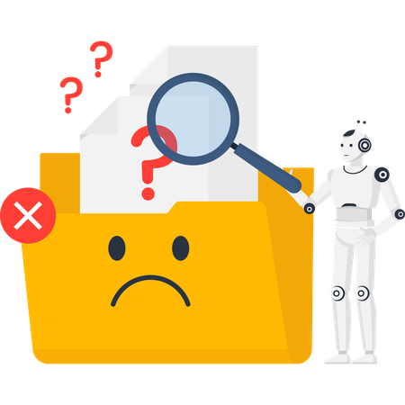 AI Robot Examining Data Error in a Yellow Folder with Question Marks  Illustration