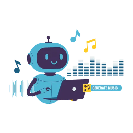 AI Robot Generating Music Using Laptop  Illustration