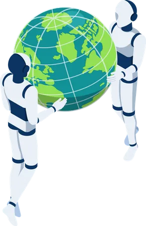 Flat 3 D Isometric Ai Robot Holding Earth Planet In Hands Artificial Intelligence Technology Concept Illustration