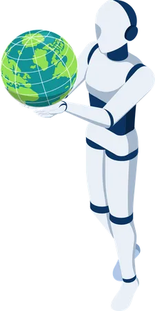 Flat 3 D Isometric Ai Robot Holding The World Or Earth Globe Artificial Technology Change The World Concept Illustration