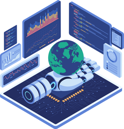 Ai Robot Holding World with Global Data Analytics  Illustration