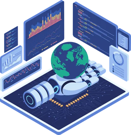 Ai Robot Holding World with Global Data Analytics  Illustration