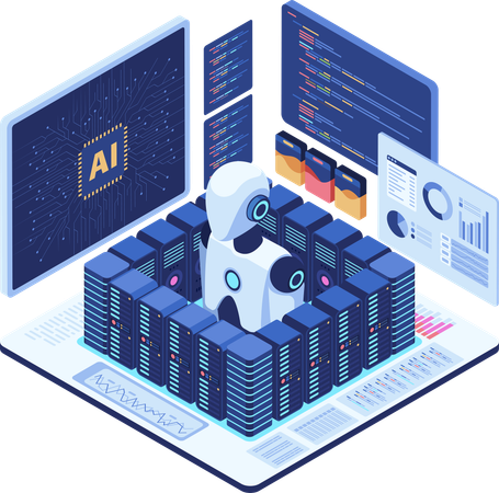 Ai Robot in Server Room with Data Analytics  Illustration