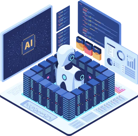 Flat 3 D Isometric Ai Robot In Server Room With Data Analytics AI Data Center Automation Concept Illustration