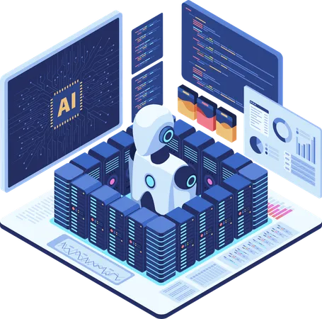 Ai Robot in Server Room with Data Analytics  Illustration