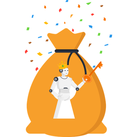 AI robot king holding key to success in front of a large money bag with falling confetti  Illustration