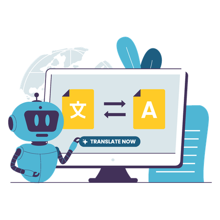 AI Robot Performing Automatic Language Translation  Illustration