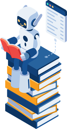 Ai Robot Reading on Stack of Books  イラスト