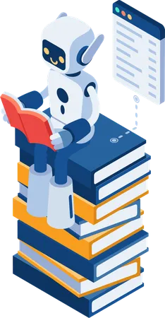 Flat 3 D Isometric Ai Robot Reading On Stack Of Books Machine Learning And Artificial Intelligence Concept イラスト