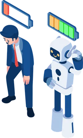 Flat 3 D Isometric Businessman Low Battery VS Robot With Full Energy Ai Robot Take Over Human Job Concept イラスト