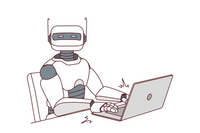 Robot AI trabajando en una computadora portátil  Ilustración