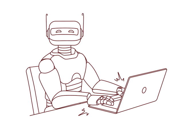 Robô AI trabalhando no laptop  Ilustração