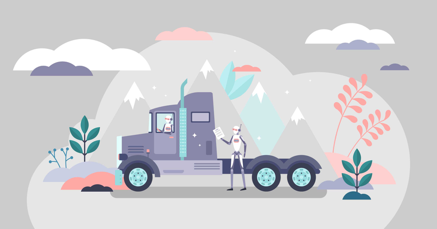 AI robot truck driver logistics transportation flat tiny person vector illustration concept  Illustration