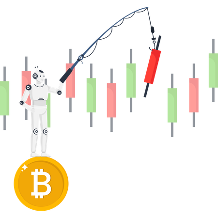 AI robot with fishing rod trading cryptocurrency on Bitcoin with candlestick chart  Illustration