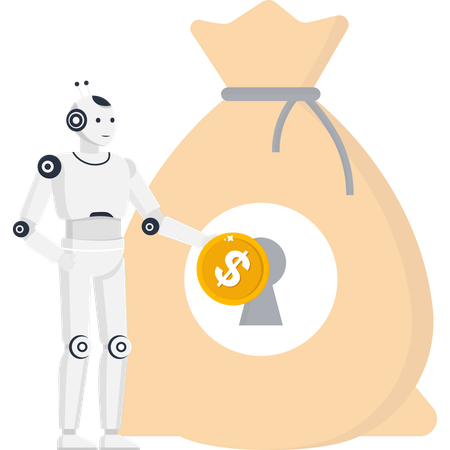 AI Robot with Gold Dollar Coin and Money Bag for Fintech Investment and Wealth Management  Illustration