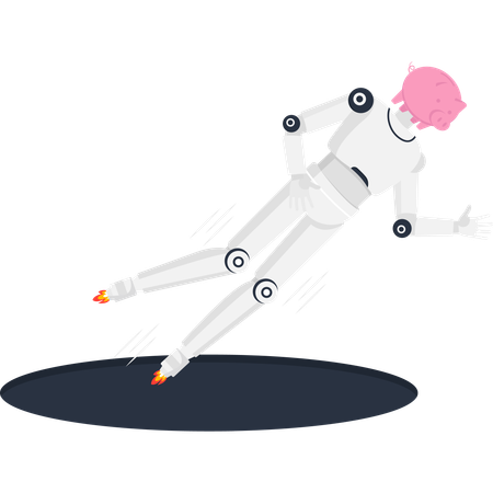 AI robot with piggy bank head falling into a debt hole representing financial loss and investment risk  Illustration