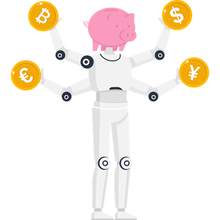 AI robot with piggy bank head holding global currency coins for investment and savings  Illustration