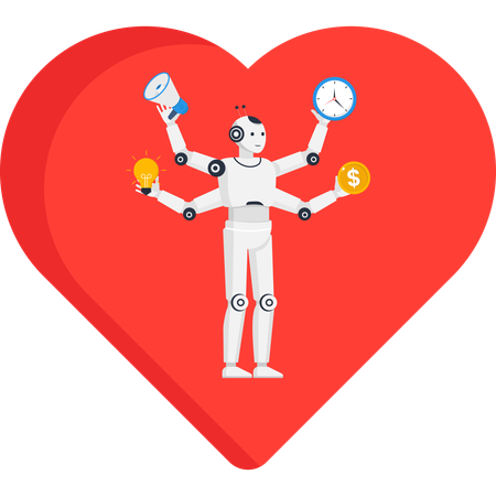 AI robot with six arms multitasking business tasks inside a red heart symbol of passion for work and productivity  Illustration