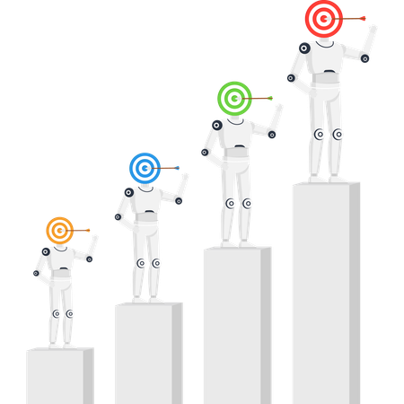 AI robots with target heads on ascending bar chart symbolizing goal achievement business growth and success  Illustration