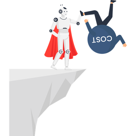 AI superhero robot holding a cost figure over a cliff edge for business expense reduction and automation  Illustration