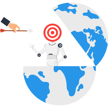 AI targeting with robot target head inside open globe and hand aiming arrow for global business strategy  Illustration