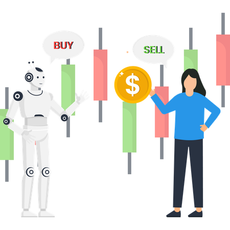AI trading bot advising woman investor with candlestick chart and buy sell signals for financial technology  Illustration