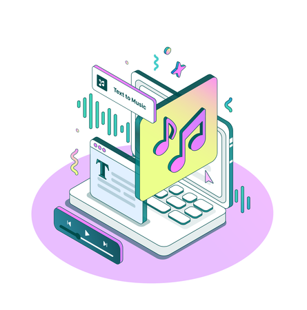 Ai turns Text into Music. Isometric minimalist style in different Dimensions  Illustration