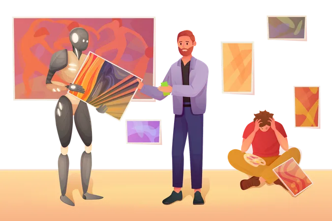AI Vs Human Artist Future Of Art Gallery Vector Illustration Cartoon Robot Character Selling Creative Images To Buyer Unemployed Sad Artist Lost Job Due To AI Generated Artworks And Pictures Illustration