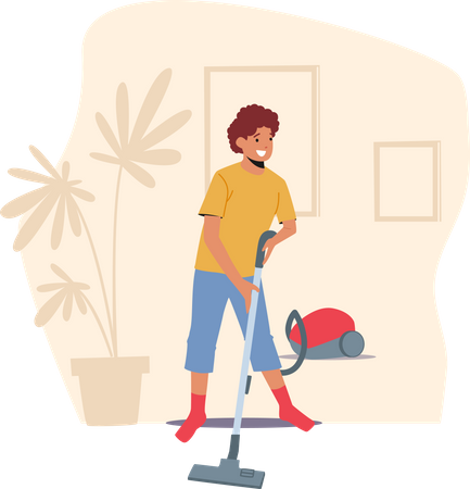 Aide aux enfants passant l'aspirateur à la maison avec un aspirateur  Illustration