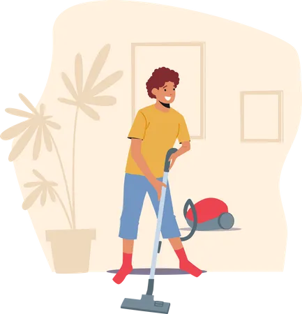 Aide aux enfants passant l'aspirateur à la maison avec un aspirateur  Illustration