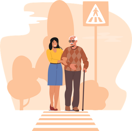 Aide féminine pour un homme âgé avec une canne pour traverser la route  Illustration