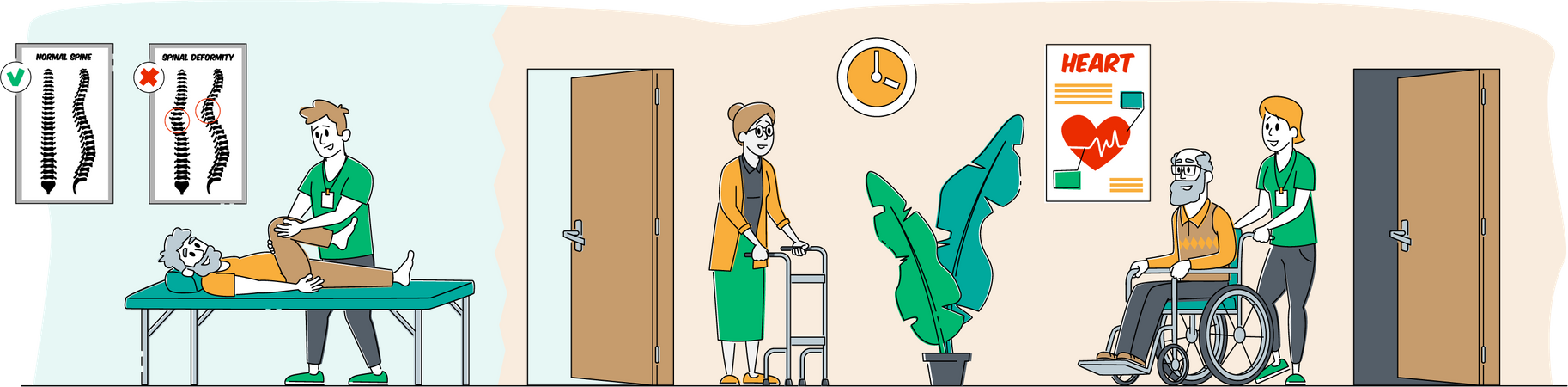 Aidez les personnes âgées handicapées dans les maisons de retraite. Travailleur social Soins communautaires des personnages âgés en fauteuil roulant, Infirmière qualifiée, Soins de santé en établissement, Service de physiothérapie. Illustration vectoriell  Illustration